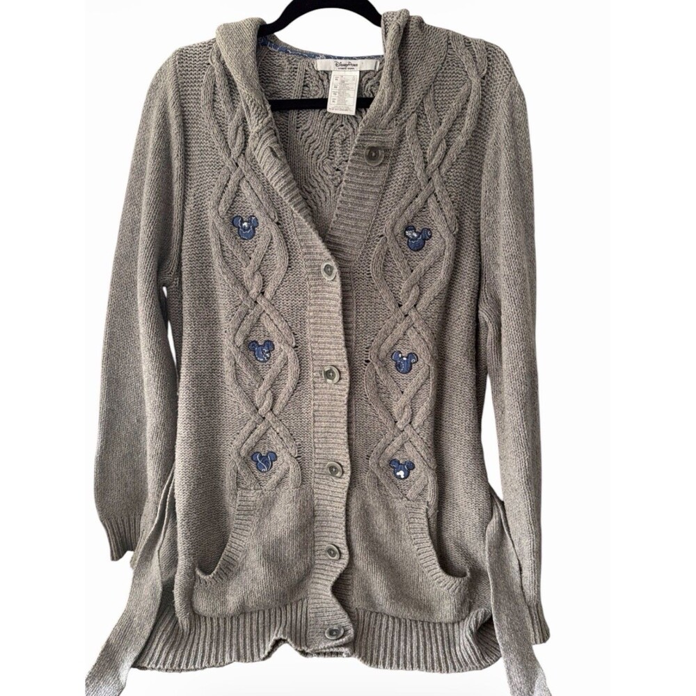Disney Parks Mickey Mouse Cable Knit Hoodie Cardigan Sweater Belted Gray XL